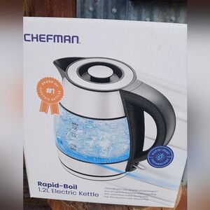 Chefman Stainless Steel & Glass Electric Kettle - Black NEW In Box